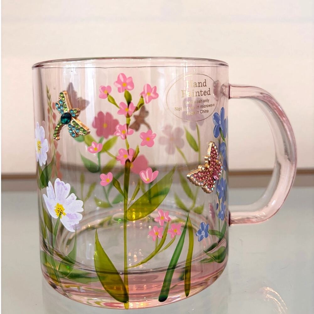 2pc Hand Painted & Jeweled Glass Mugs Multicolored Floral Butterfly NEW - Picture 15 of 15
